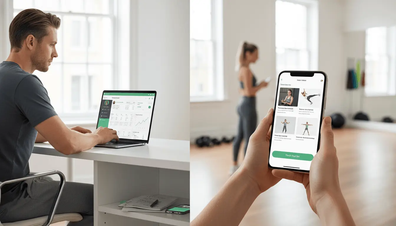 Fitly trainer dashboard and client mobile app screens for fitness platform case study
